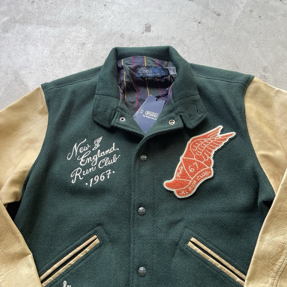 NWT Polo Ralph Lauren Men Colorblock Varsity Leather Jacket New England M - Picture 2 of 7